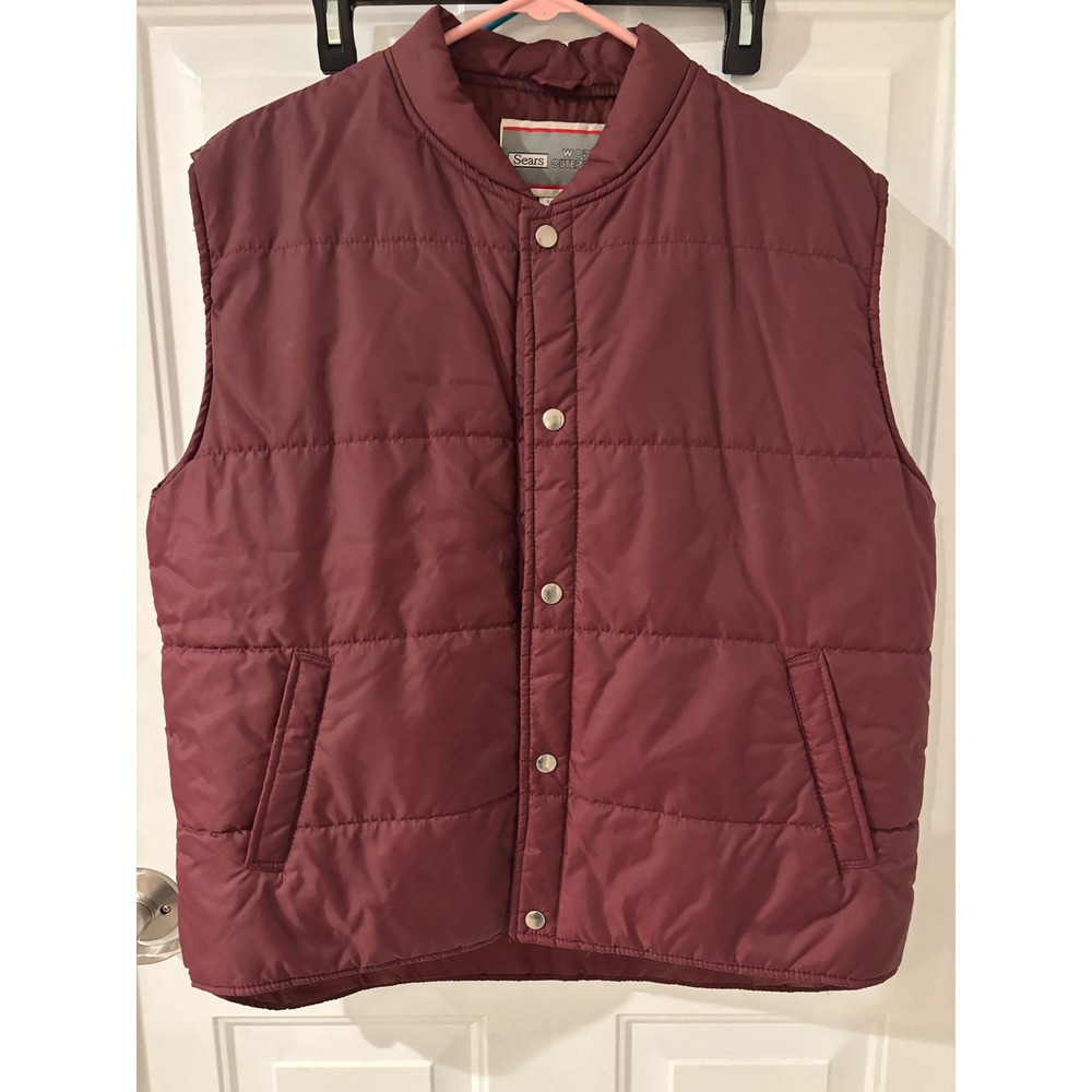 Vintage Sears Work Outerwear Puffer Vest Burgundy Maroon Lg Quilted‎ Snap Front